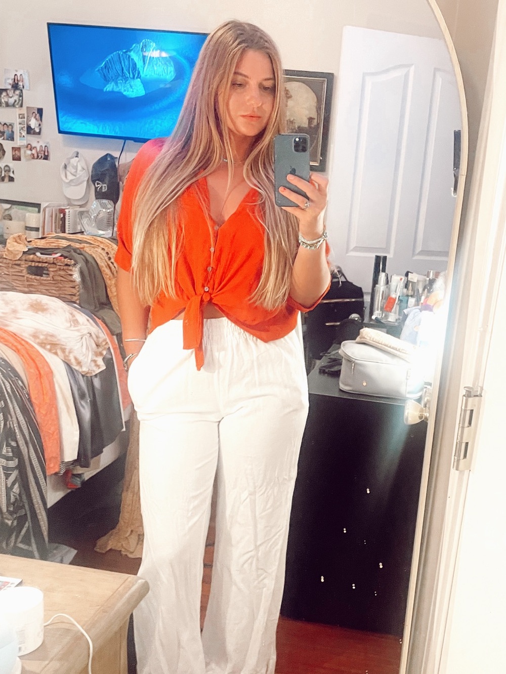 Karlie Orange/Red Tie-Front Button Blouse